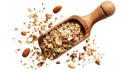 Overflowing wooden scoop filled with granola, nuts, and seeds against a transparent background, ideal for health food promotions and breakfast themed designs