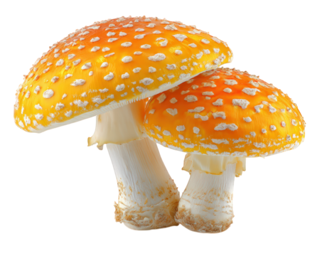 Brightly colored mushrooms with vibrant orange cap and white spots, showcasing unique and striking appearance. These fungi stand out against transparency background, highlighting their intricate