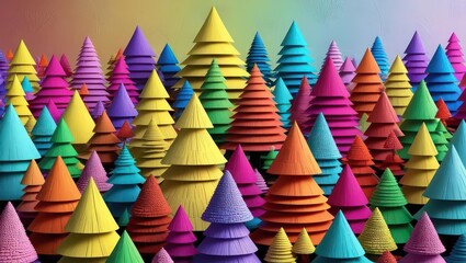 Fototapeta premium Abstract forest of colorful triangular trees enchanted landscape 3d art vibrant palette aerial view creative concept