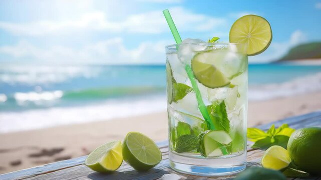 Chilled lime drink with ice cubes, fresh mint leaves and a green straw served in a glass on a sunny beach background.