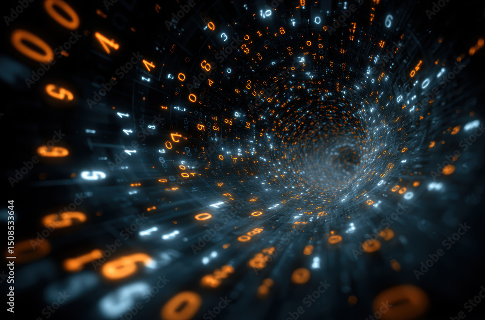 Poster digital tunnel with glowing numbers in orange and blue, creating sense of depth and movement