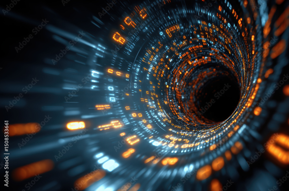 Poster digital tunnel with glowing binary code, creating sense of depth and movement, evokes futuristic atm