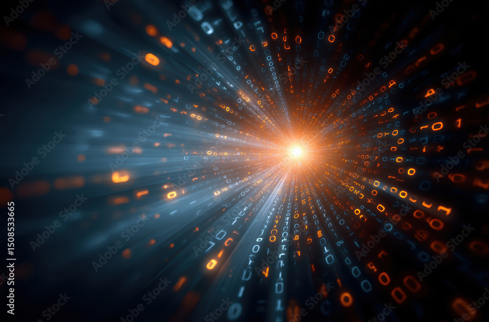 Poster Digital explosion of binary numbers creating vibrant light effect, symbolizing technology and data flow