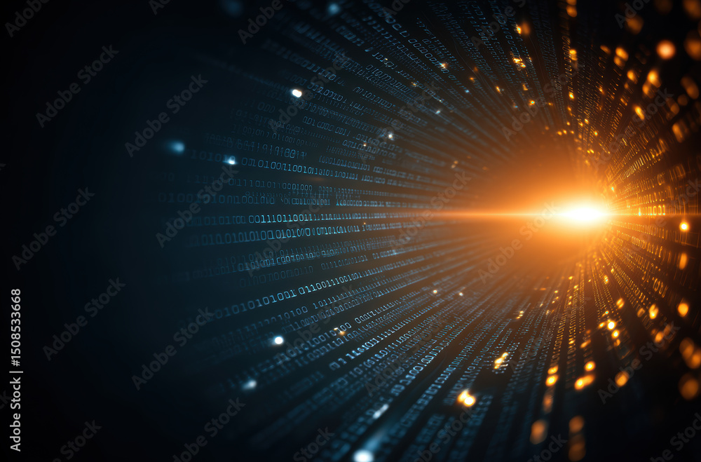 Poster digital light burst with binary code, representing technology and data flow, creates futuristic atmo