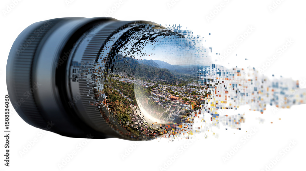 Poster camera lens projecting a cityscape dissolving into pixels, illustrating digital transformation of vi
