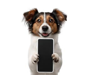 Playful dog holding smartphone, showcasing cheerful expression against transparency background. This adorable pet is ready to engage with technology, making it delightful image for pet lovers
