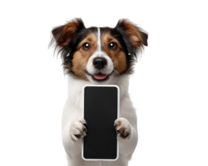 Playful dog holding smartphone, showcasing cheerful expression against transparency background. This adorable pet is ready to engage with technology, making it delightful image for pet lovers