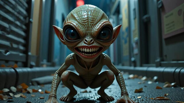 Smiling alien with large eyes in futuristic room with technology panels and strange atmosphere lighting. Concept of friendly extraterrestrial encounter