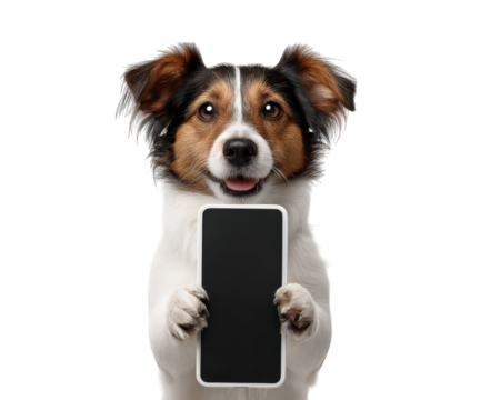 Playful dog holding smartphone, showcasing cheerful expression against transparency background. This adorable pet is ready to engage with technology, making it delightful image for pet lovers