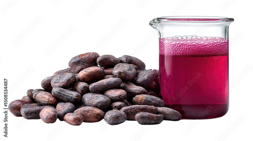 Poster cocoa beans placed near a beaker with red extract on a transparent background, illustrating the extr