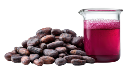 Cocoa beans placed near a beaker with red extract on a transparent background, illustrating the extraction process of natural ingredients for food, cosmetics, or pharmaceuticals