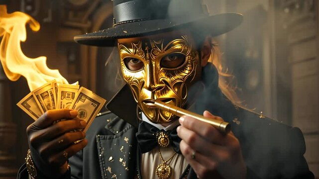 Masked man in golden mechanical mask with fedora holding cigar and playing cards, steampunk outfit on dark smoky background with scattered cash. Concept of mysterious gambler in retro-futurism