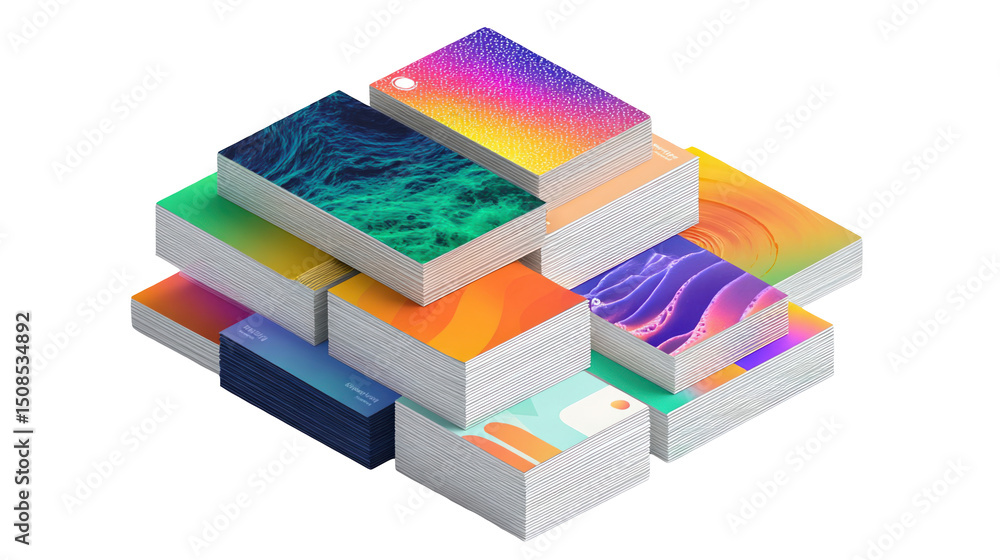 Poster stacks of colorful mockup cards with various abstract and vibrant designs are displayed on a transpa