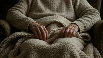 Closeup of elderly hands resting on soft beige blanket emotive image of comfort and warmth