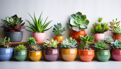 Fototapeta premium succulent plants in varied colorful pots are arranged on a white wall creating a vibrant indoor display of greenery