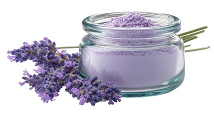 Glass jar filled with purple lavender powder sits alongside fresh lavender flowers, creating a calming and aromatic scene perfect for wellness and beauty products