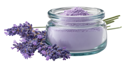 Glass jar filled with purple lavender powder sits alongside fresh lavender flowers, creating a calming and aromatic scene perfect for wellness and beauty products