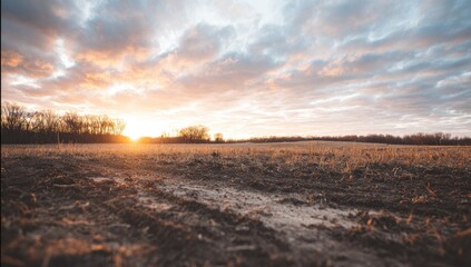 Golden Sunrise Over A Dry Field