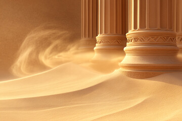 Desert wind sweeping sand around central podium
