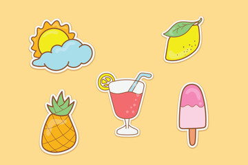 Cute Summer Stickers Collection, Sunshine, Lemon, Pineapple, Cocktail, Popsicle