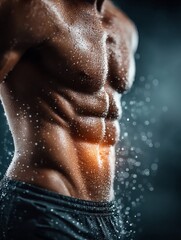 Wet muscular male torso with six-pack abs. Close-up of a shirtless muscular male torso with water droplets and six-pack abs, glowing abdominal area symbolizing fat burning, fitness concept.