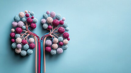 Kidney health concept with a creative display of woven spheres resembling renal anatomy on a pastel blue backdrop.