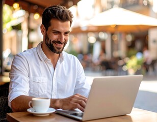 Smiling man works on laptop outdoors at cafe