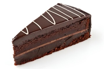 Rich Chocolate Cake Slice with Frosting and White Stripes on White Background
