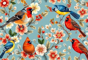 Vintage winter bird botanical seamless pattern featuring tit, robin, jay, bullfinch, bluebird, and cardinal in blue, white, and red, ornithology, fabric