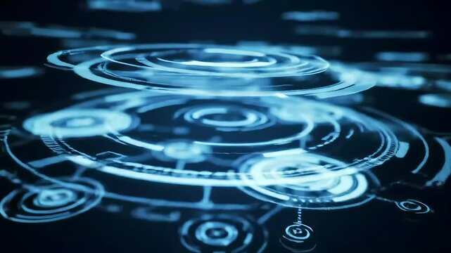 Futuristic digital interface with glowing blue circular elements, high-tech HUD (heads-up display) style, interconnected data nodes and abstract technological symbols, floating in a dark blue and blac