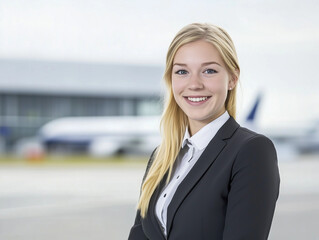 Smiling flight attendant posing at airport terminal