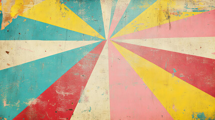 Retro sunburst pattern with distressed texture and colorful rays radiating from the center, ideal for vintage design and nostalgic backgrounds.

