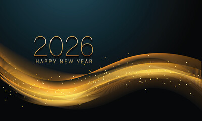 2026 New year with Abstract shiny color gold wave design element and glitter effect on dark background. For Calendar, poster design