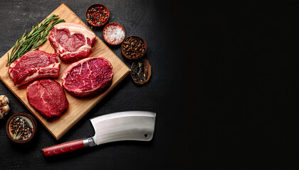 variety of raw black angus prime meat steaks machete blade on bone striploin rib eye tenderloin fillet mignon on wooden board copy space
