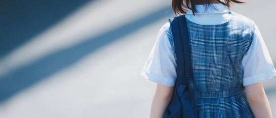 A woman in a simple sleeveless plaid dress stands alone in front of a clean white wall her back to the The minimal elegant style and thoughtful expression create a sense of introspection and personal