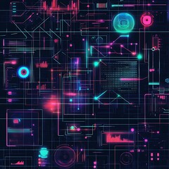Abstract digital circuit pattern with glowing neon lines.