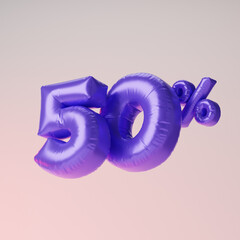 Inflated purple fifty percent or 50 % isolated over pink background. 3D rendering.