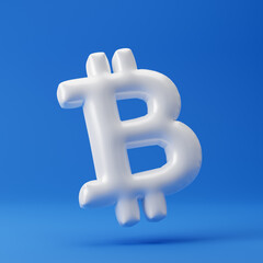 Inflated bitcoin icon isolated over blue background. 3D rendering.