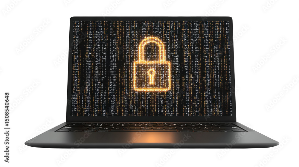 Poster open laptop displaying glowing security lock and lines of code on screen, suggesting data protection
