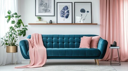 A teal sofa with pink accents in a living room with artwork and plants in a bright interior space