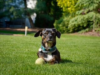 A small dark mixed breed dog with a white bib. The dog lies near a ball.
