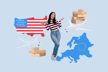 3D photo collage template trend artwork sketch of young lady stand smile flag map usa eu flight box...