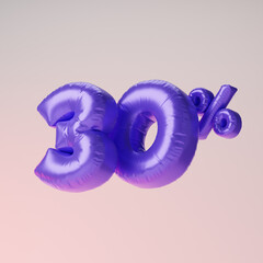 Inflated purple thirty percent or 30 % isolated over pink background. 3D rendering.