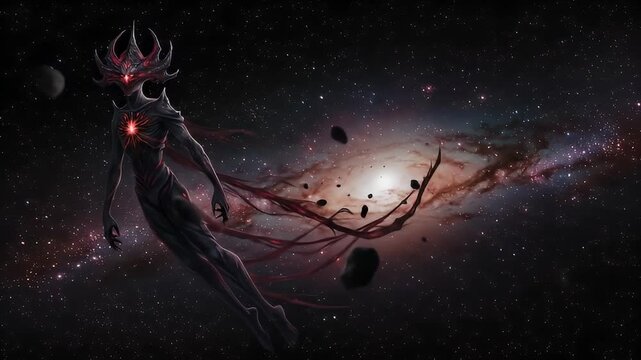 Dark celestial entity in deep space art cosmic figure against nebula