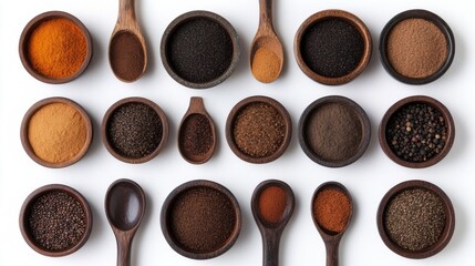 Diverse collection of spices displayed in wooden bowls and spoons on a white background during a kitchen setting