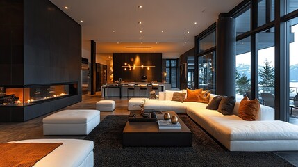 A modern living room with a fireplace, a large sofa, and a view of the mountains outside the window