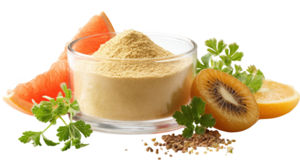 Small glass beaker filled with golden protein powder, surrounded by grapefruit, orange slices, golden kiwi, parsley sprigs, and flax seeds, promoting healthy eating