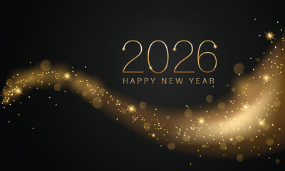 2026 New year with Abstract shiny color gold wave design element and glitter effect on dark background. For Calendar, poster design