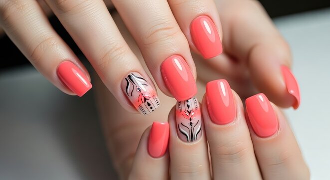 Coral Nail Art Design Elegant Short Nails with Geometric and Floral Accents
