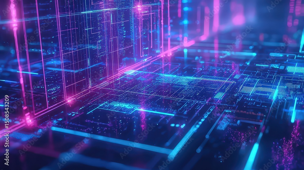 Poster digital data flow visualization futuristic cityscape graphic design neon environment abstract viewpo